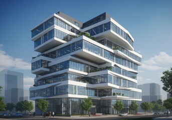 Modern architectural design of a multi-story office building with glass windows and layered balconies on a sunny day