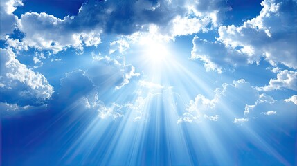 Bright sunbeams pierce clouds in a vivid blue sky
