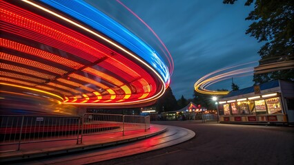 Motion blur light trails in carnival colors, creating a dynamic and vibrant scene, perfect for festive visuals, event designs, and energetic, colorful backgrounds