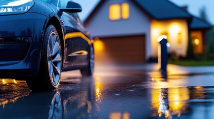 A sleek blue car parked on a wet driveway at twilight, illuminated by warm house lights