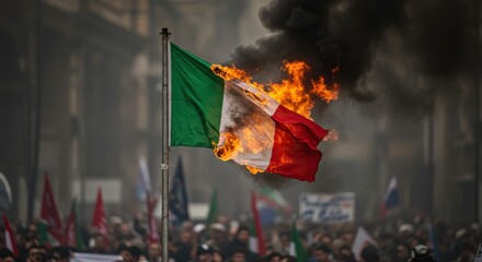 A dramatic scene of an Italian flag burning intensely amidst a street demonstration, with thick smoke rising and a crowd visible in the background.