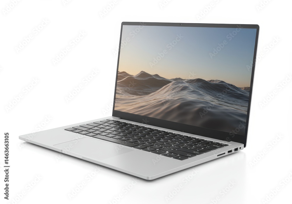 Fototapete Laptop computer displaying a digital ocean landscape on its screen, isolated on a white background in a studio shot