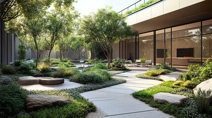 A serene office building courtyard with expansive greenery, minimalist seating areas, and smooth stone pathways weaving through the lush landscaping 