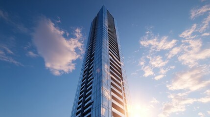 Fototapeta premium A sleek 3D render of a modern high-rise building with reflective glass and dark steel accents, the sun casting a brilliant glow from the top against a vibrant blue sky 