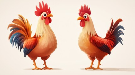 Fototapeta premium Charming Cartoon Roosters in a Warm, Earthy Palette on Subtle Backdrop