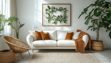 Modern living room scene with natural accents and framed artwork.