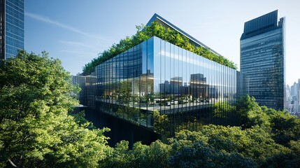 Fototapeta premium A sleek, eco-friendly glass office building surrounded by trees and rooftop greenery, designed to reduce carbon dioxide and promote sustainability in the modern city 