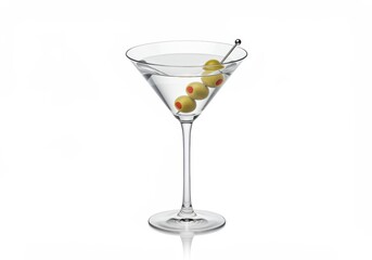 Classic martini with three olives on a skewer in a clear glass on a white background, a refreshing drink