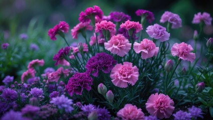 Flowerbed in the garden featuring blooming carnations and vibrant floral patterns