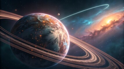 Orbital rings around a digital planet, showcasing a futuristic space scene, perfect for sci-fi, space exploration visuals, and digital art concepts