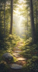 Obraz premium Sunlit path winding through a lush, misty forest Sunlight streams through the trees, illuminating a stone pathway Lush greenery and ferns surround the path