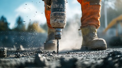 Construction Worker Using Jackhammer on Asphalt