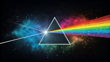 Prismatic triangle burst on a black backdrop featuring vibrant multicolor geometric shapes radiating dynamic energy, ideal for abstract art, digital backgrounds, modern design, and creative visual pro