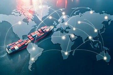 Obraz premium Global Shipping Logistics Cargo Ship and Digital Connectivity Map.
