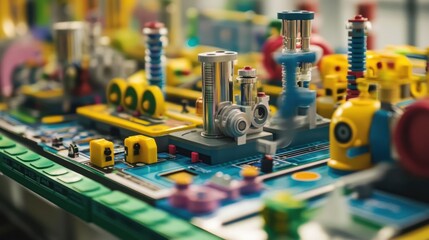 Colorful miniature factory layout with intricate machinery and vibrant components in a playful setting
