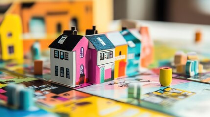 Colorful miniature houses on a vibrant board game, showcasing playful design and creativity