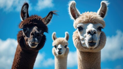 Obraz premium Cute alpacas smiling against a clear blue sky