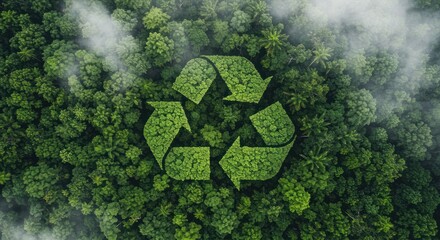 Recycle symbol made of leaves above forest with clouds environmental concept.