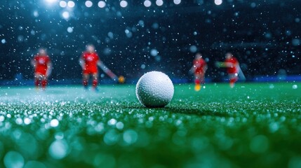 Wet field hockey ball closeup dynamic game action blurry players