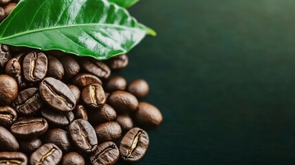 Obraz premium Coffee beans and leaves in green background, space for text