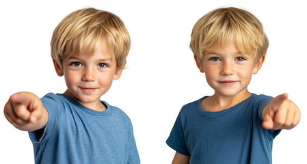 Two young boys with blonde hair pointing at the forward, suggesting direction or idea, isolated on transparent background.