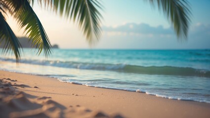 Obraz premium Idyllic coastal paradise with warm golden sand and vibrant palm foliage.