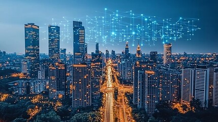 Fototapeta premium Modern city skyline at night, interconnected by digital network