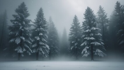Obraz premium Panoramic view showcasing the forest canopy and sky during snowfall in a serene winter environment.