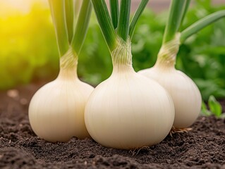 Fresh onions in garden soil