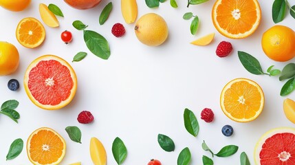 Naklejka premium Cheerful assortment of vibrant fruits and green leaves against a white backdrop