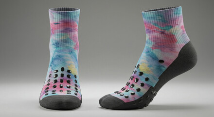 Tie-dye patterned ankle socks with non-slip dots for the bottom, displayed in studio. Pair of colorful socks standing upright against a neutral background, ready for advertising or editorial use.