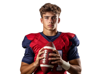 Focused young football player holding a football isolated on transparent background