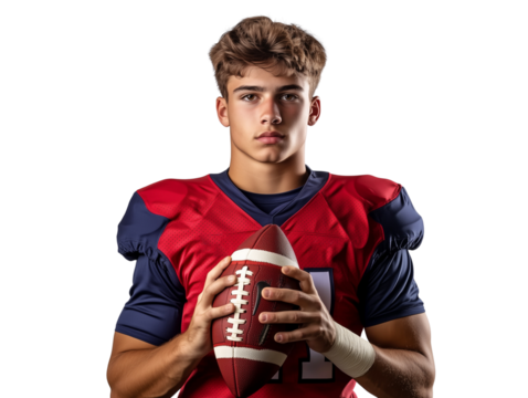Focused young football player holding a football isolated on transparent background - Powered by Adobe