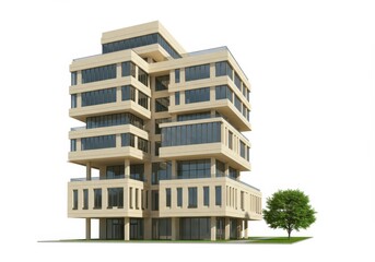 Obraz premium Modern beige building stands tall against a white background with a green tree on the right side