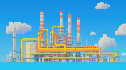 Obraz premium Industrial refinery illustration bright sky yellow pipelines chemical plant manufacturing energy production