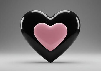 A glossy black heart shape with a smaller pink heart nested inside on a gray background