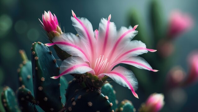 Colorful pink schlumbergera flower with detailed petals on a house background