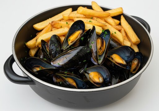 Moules frites served in a black pot with handles, garnished with parsley on a white surface