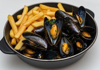 A serving of moules frites, mussels and french fries, presented in a black bowl on a white surface