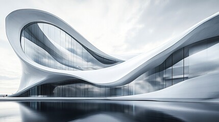 A striking exterior view of a modern building with smooth glass surfaces and geometric window patterns, captured from a low angle to showcase its scale and style 