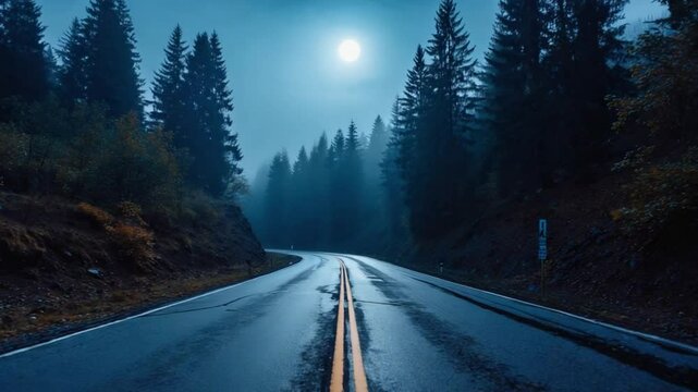 Driving Along Misty Road Through Dark Forest with Moon Above