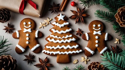 Festive gingerbread and cinnamon arrangement on craft paper background for Christmas