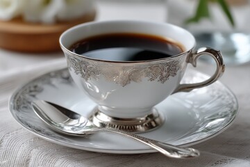 A luxurious cup of black coffee sitting on an ornate saucer, highlighted by delicate details, inviting you to savor a moment of indulgence and warmth in a cozy atmosphere.
