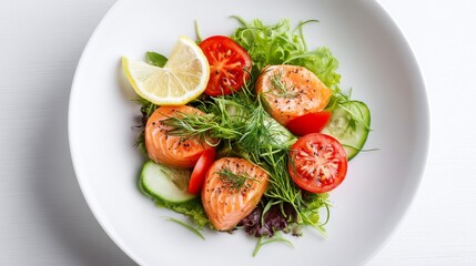 Minimalist Scandinavian Salmon Salad Dish - Fresh salmon, cucumber, tomato, lemon, and dill create a vibrant and healthy meal, symbolizing freshness, health, balance, simplicity, and elegance