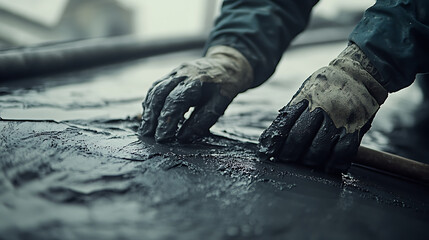 Worker's Hands in Gloves Handling Wet Concrete