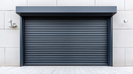 Modern Garage Door with Gray Shutter - Closed dark gray roll-up garage door on a light gray stone wall