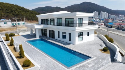 Fototapeta premium Modern Hillside Villa with Pool - Luxurious hillside villa featuring a modern design, private infinity pool, stunning mountain views, and expansive outdoor space. Symbolizing luxury, tranquility