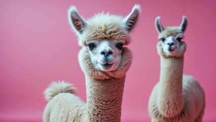 Obraz premium Cute baby alpaca and llama faces with farm scenery
