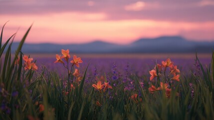 Vibrant Sunset Over Colorful Wildflowers in Serene Landscape Scene