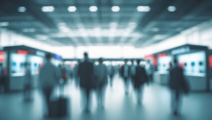 Business event showcasing tech in a blurred exhibition hall